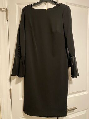 Calvin Klein Black Long-Sleeve Shift Dress with Bell Cuffs Perfect LBD